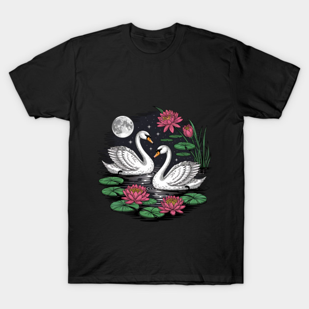 Two White Swans on a Night Pond with Full Moon T-Shirt by BirdsnStuff