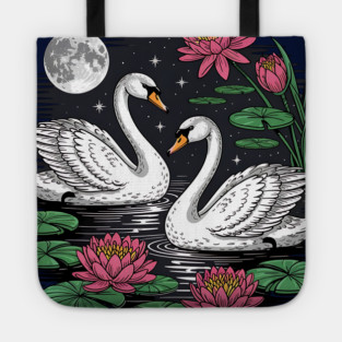 Two White Swans on a Night Pond with Full Moon Tote