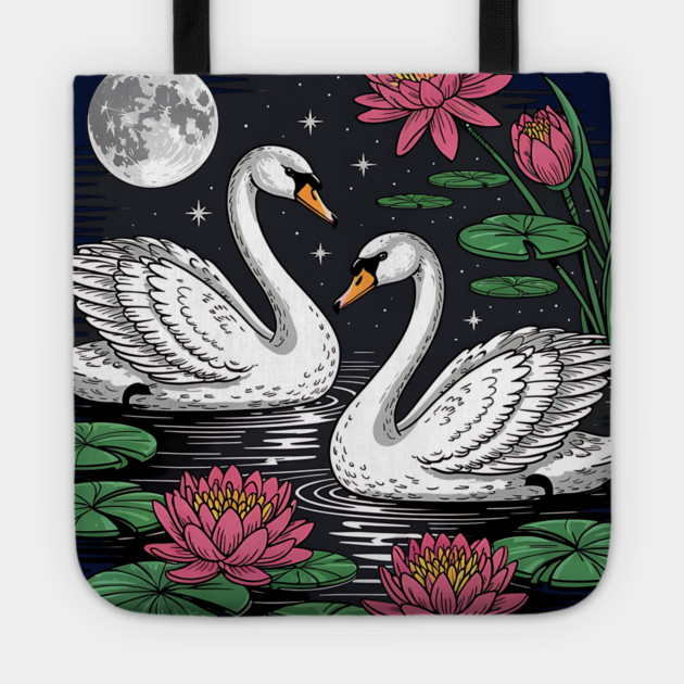 Two White Swans on a Night Pond with Full Moon Tote by BirdsnStuff