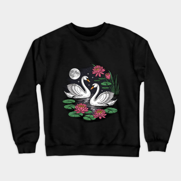 Two White Swans on a Night Pond with Full Moon Crewneck Sweatshirt by BirdsnStuff