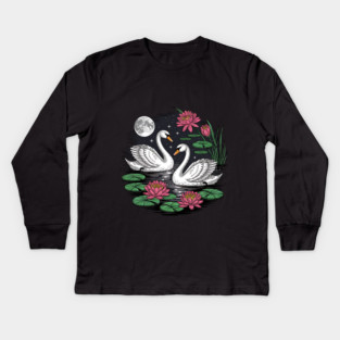 Two White Swans on a Night Pond with Full Moon Kids Long Sleeve T-Shirt