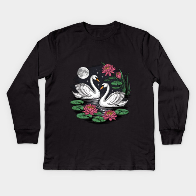 Two White Swans on a Night Pond with Full Moon Kids Long Sleeve T-Shirt by BirdsnStuff