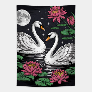 Two White Swans on a Night Pond with Full Moon Tapestry