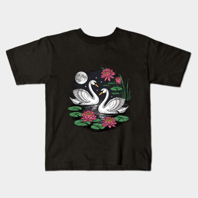 Two White Swans on a Night Pond with Full Moon Kids T-Shirt by BirdsnStuff