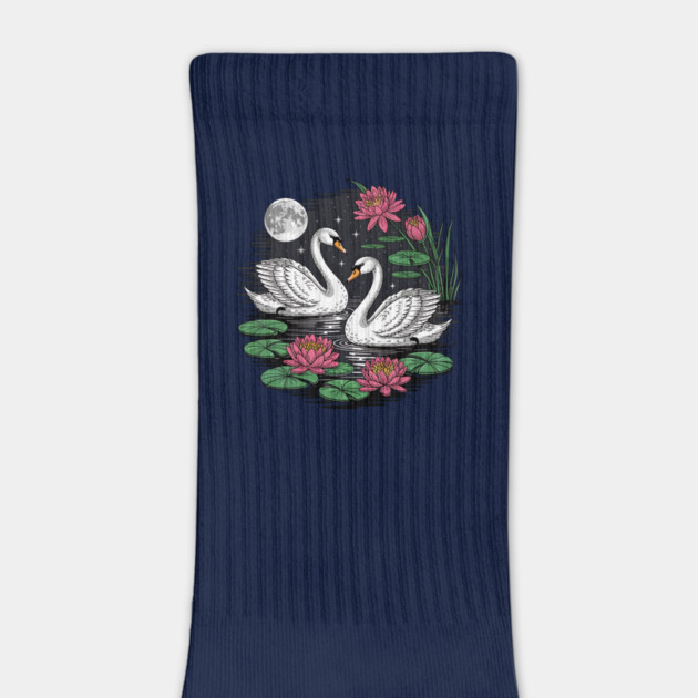 Two White Swans on a Night Pond with Full Moon by BirdsnStuff