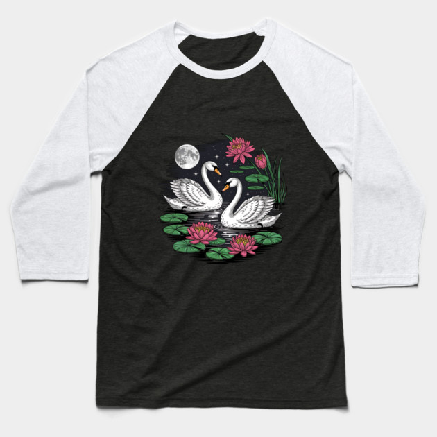 Two White Swans on a Night Pond with Full Moon Baseball T-Shirt by BirdsnStuff