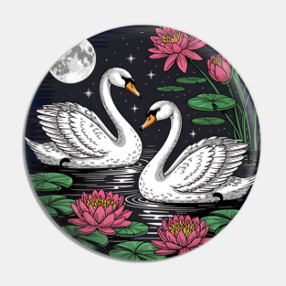 Two White Swans on a Night Pond with Full Moon Pin