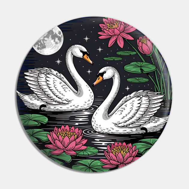 Two White Swans on a Night Pond with Full Moon Pin by BirdsnStuff