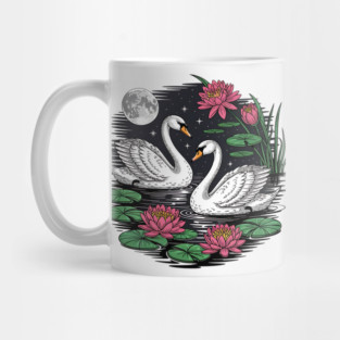 Two White Swans on a Night Pond with Full Moon Mug