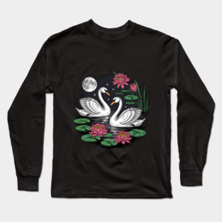Two White Swans on a Night Pond with Full Moon Long Sleeve T-Shirt