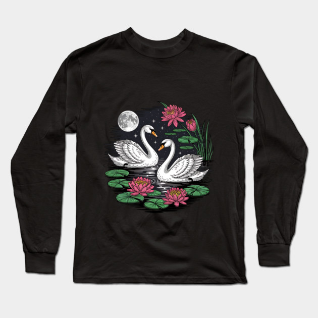 Two White Swans on a Night Pond with Full Moon Long Sleeve T-Shirt by BirdsnStuff
