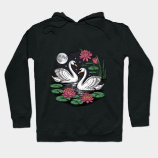 Two White Swans on a Night Pond with Full Moon Hoodie