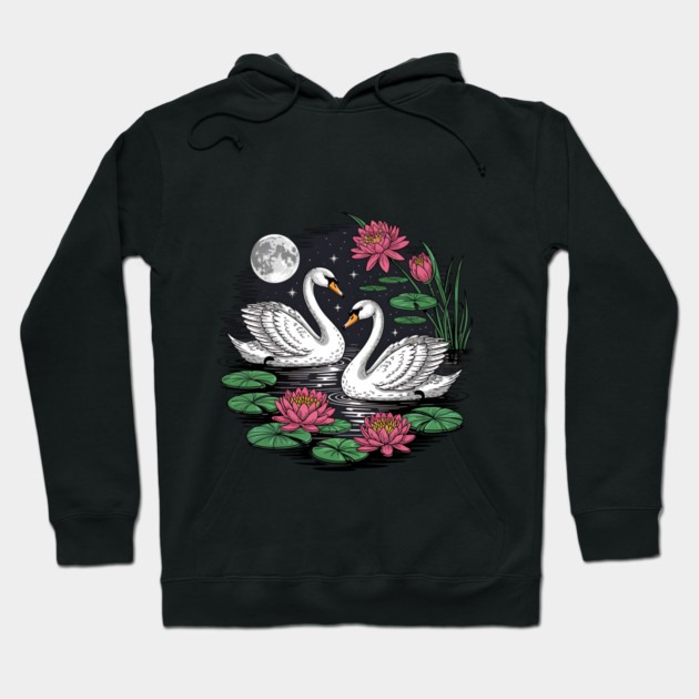 Two White Swans on a Night Pond with Full Moon Hoodie by BirdsnStuff