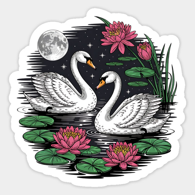 Two White Swans on a Night Pond with Full Moon Magnet by BirdsnStuff