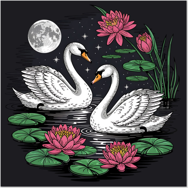 Two White Swans on a Night Pond with Full Moon Wall Art by BirdsnStuff