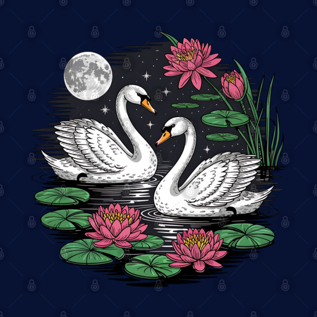Two White Swans on a Night Pond with Full Moon by BirdsnStuff