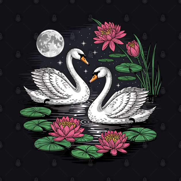 Two White Swans on a Night Pond with Full Moon by BirdsnStuff
