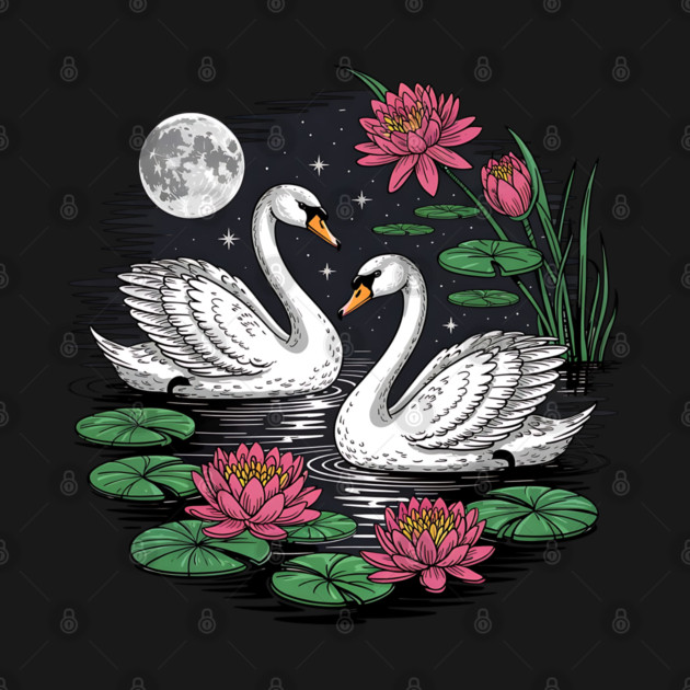 Two White Swans on a Night Pond with Full Moon by BirdsnStuff