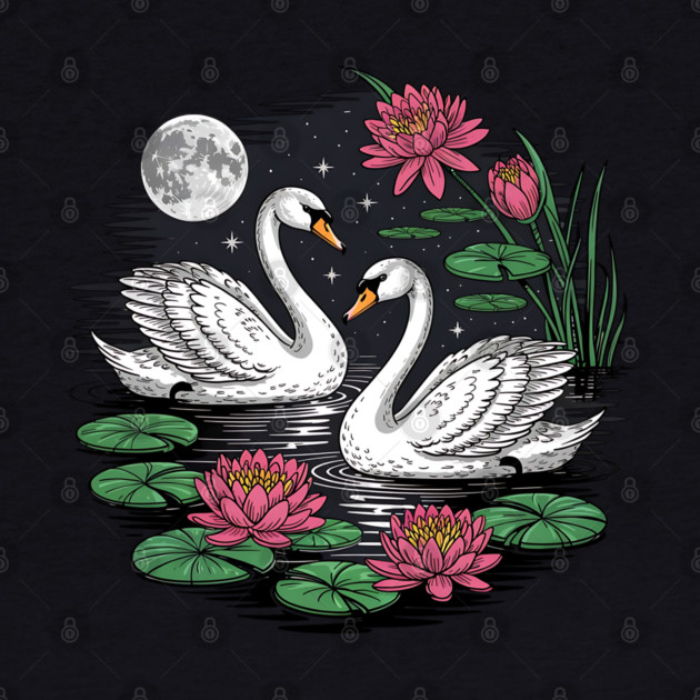 Two White Swans on a Night Pond with Full Moon by BirdsnStuff