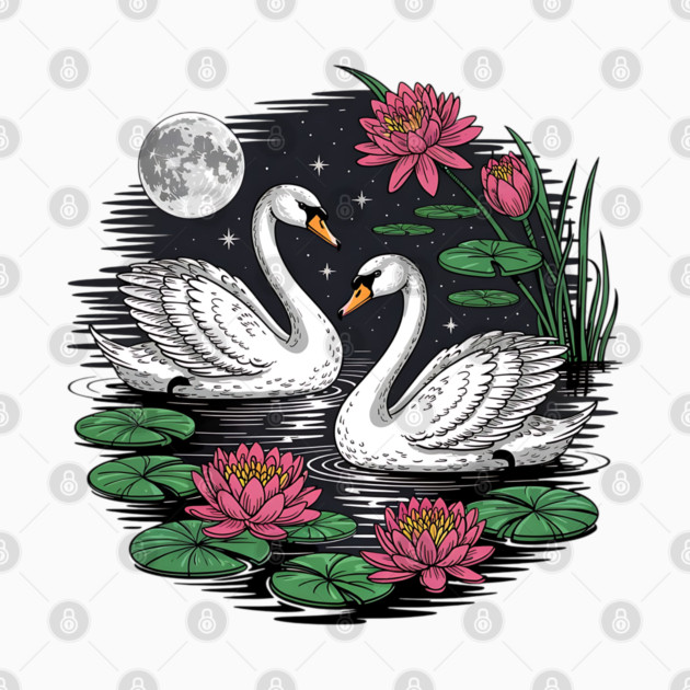 Two White Swans on a Night Pond with Full Moon by BirdsnStuff