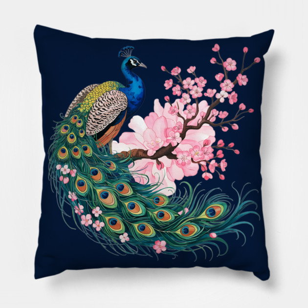 Elegant Peacock Perched on Cherry Blossom Branch Pillow by BirdsnStuff