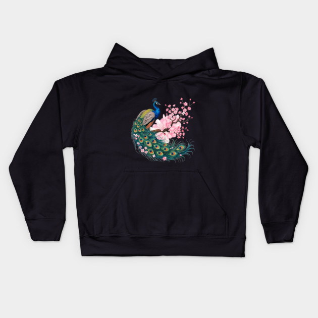 Elegant Peacock Perched on Cherry Blossom Branch Kids Hoodie by BirdsnStuff