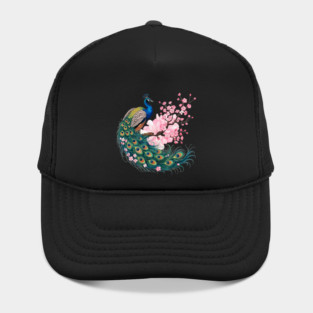 Elegant Peacock Perched on Cherry Blossom Branch Hat