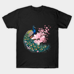 Elegant Peacock Perched on Cherry Blossom Branch T-Shirt