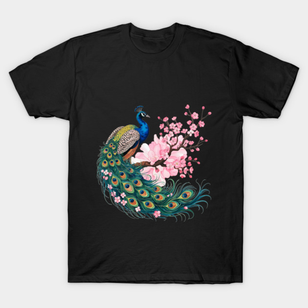 Elegant Peacock Perched on Cherry Blossom Branch T-Shirt by BirdsnStuff