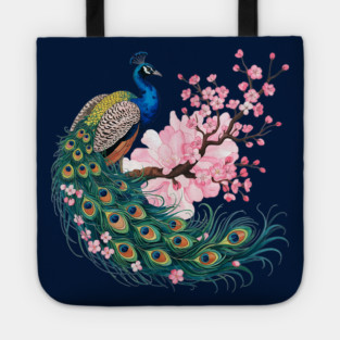 Elegant Peacock Perched on Cherry Blossom Branch Tote