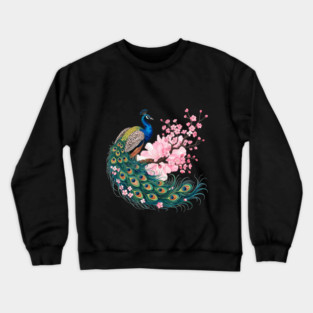 Elegant Peacock Perched on Cherry Blossom Branch Crewneck Sweatshirt