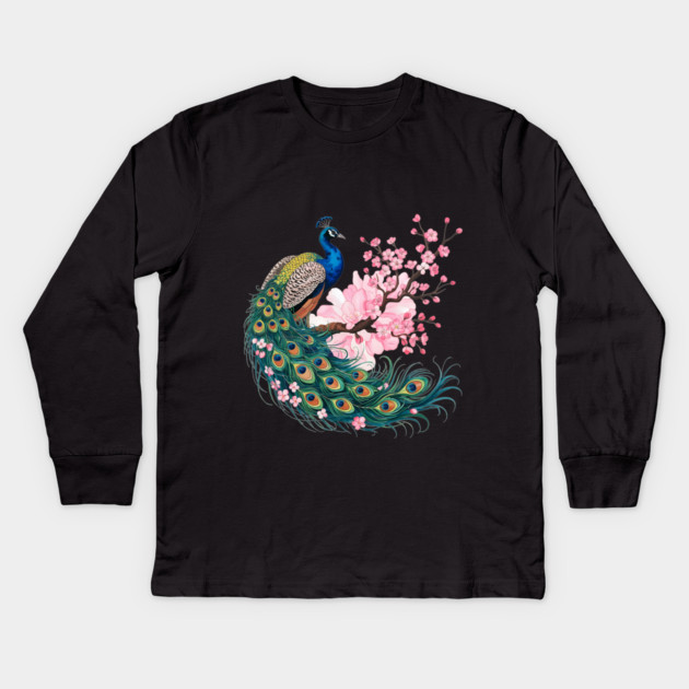 Elegant Peacock Perched on Cherry Blossom Branch Kids Long Sleeve T-Shirt by BirdsnStuff