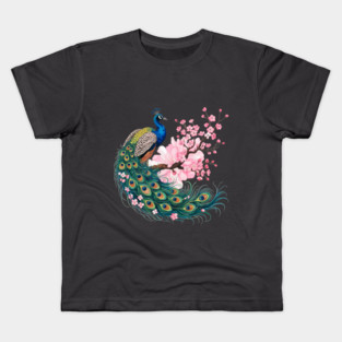 Elegant Peacock Perched on Cherry Blossom Branch Kids T-Shirt