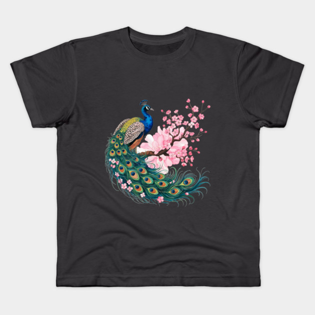 Elegant Peacock Perched on Cherry Blossom Branch Kids T-Shirt by BirdsnStuff