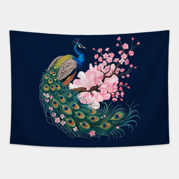 Elegant Peacock Perched on Cherry Blossom Branch Tapestry by BirdsnStuff