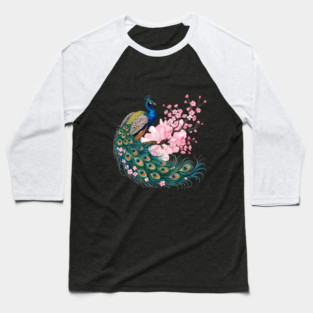 Elegant Peacock Perched on Cherry Blossom Branch Baseball T-Shirt