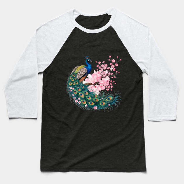 Elegant Peacock Perched on Cherry Blossom Branch Baseball T-Shirt by BirdsnStuff
