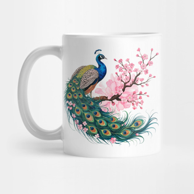 Elegant Peacock Perched on Cherry Blossom Branch by BirdsnStuff