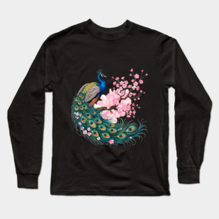 Elegant Peacock Perched on Cherry Blossom Branch Long Sleeve T-Shirt