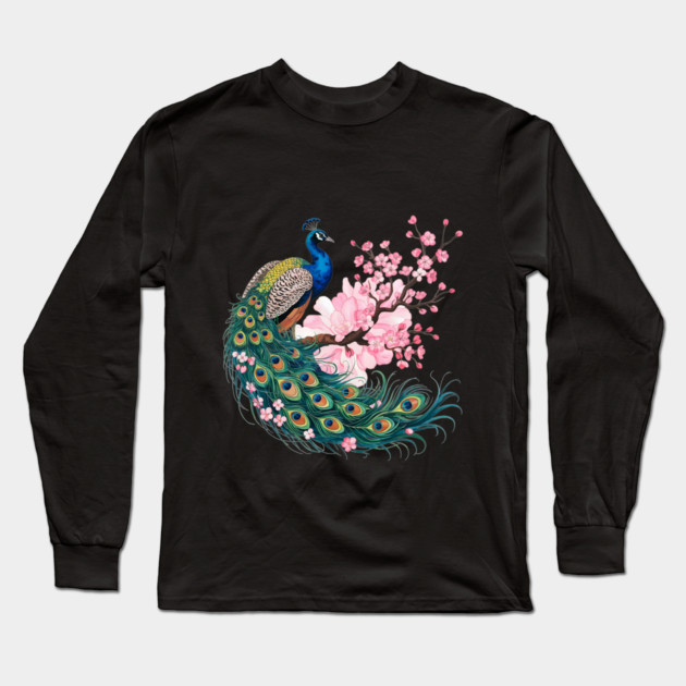 Elegant Peacock Perched on Cherry Blossom Branch Long Sleeve T-Shirt by BirdsnStuff