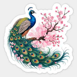 Elegant Peacock Perched on Cherry Blossom Branch Sticker