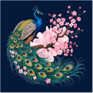 Elegant Peacock Perched on Cherry Blossom Branch Posters and Art