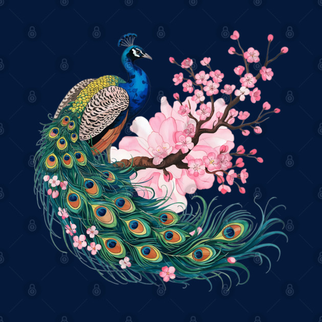 Elegant Peacock Perched on Cherry Blossom Branch by BirdsnStuff