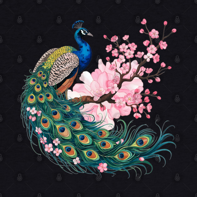 Elegant Peacock Perched on Cherry Blossom Branch by BirdsnStuff