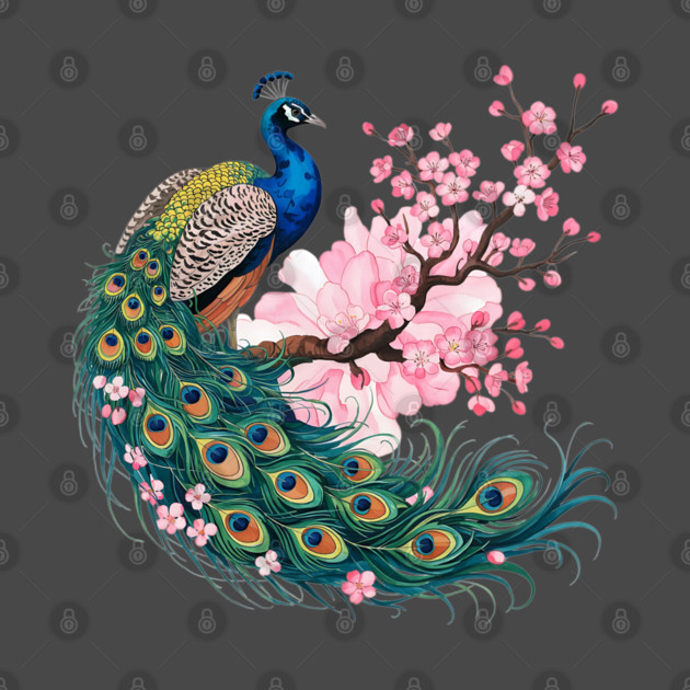 Elegant Peacock Perched on Cherry Blossom Branch by BirdsnStuff