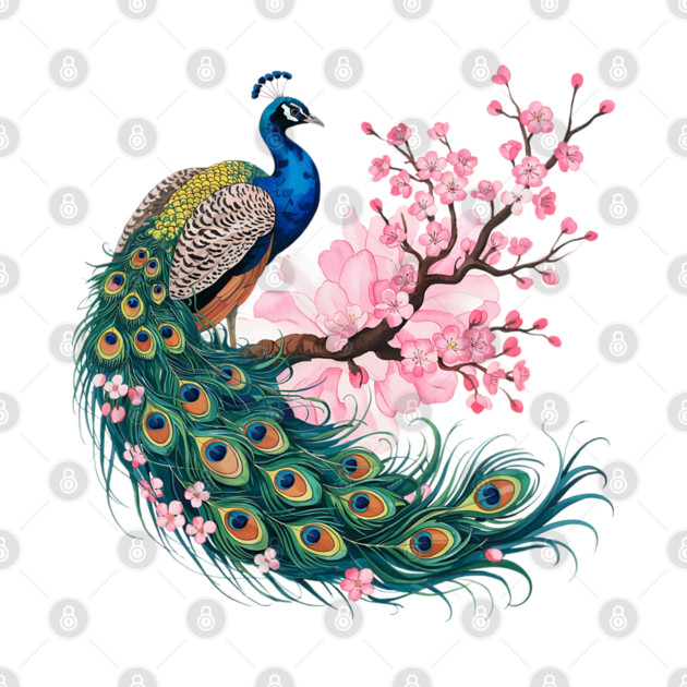 Elegant Peacock Perched on Cherry Blossom Branch by BirdsnStuff