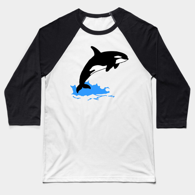 Killer Whale – Orca Leaping from Water, Cool Sea Creature for Coastal Vibes Baseball T-Shirt by DonWillisJrArt