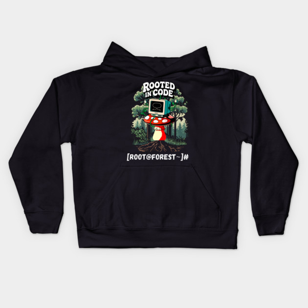Rooted in Code – Forest Terminal Aesthetic Kids Hoodie by Hobby Helpers Merch