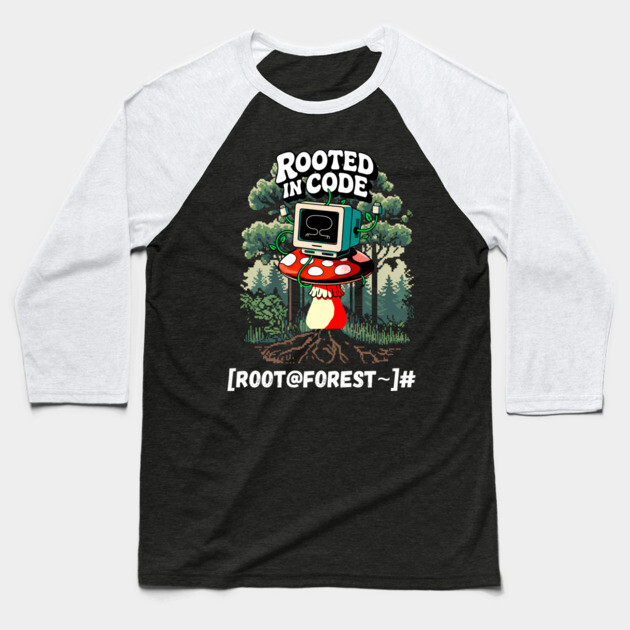 Rooted in Code – Forest Terminal Aesthetic Baseball T-Shirt by Hobby Helpers Merch