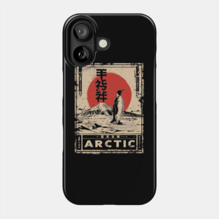 Arctic Penguin Print – Japanese Minimalist Ukiyo-e Poster with Red Sun Phone Case